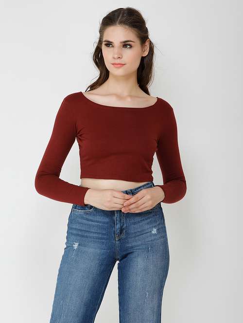 women solid long sleeves crop top - 21711117 - Very Small Image - 1