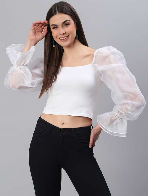 women solid puff sleeves crop top - 21711449 - Very Small Image - 1