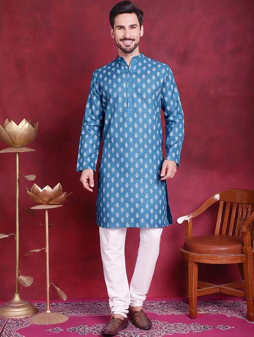 men mandarin neck printed kurta pyjama set - 21711766 - Very Small Image - 1