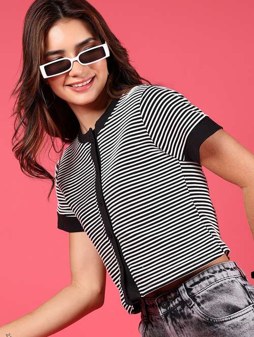 women striped short sleeves crop top - 21712015 - Very Small Image - 1