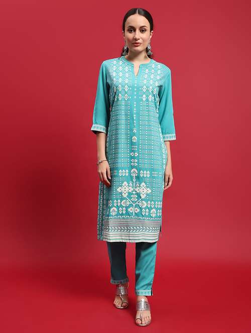 turquoise rayon kurta pant  set - 21714272 - Very Small Image - 1