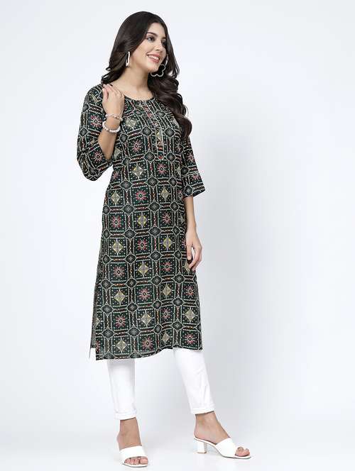 women geometric three quarter sleeves straight kurta - 21717765 - Very Small Image - 1