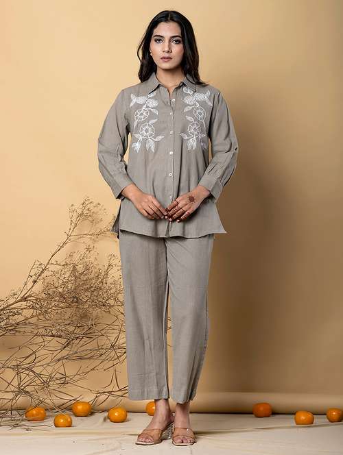 women embroidered shirt collar neck co-ord sets - 21720295 - Very Small Image - 1