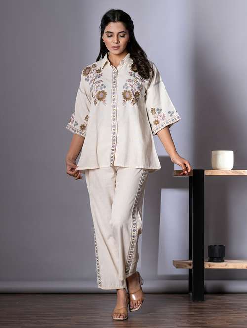 women embroidered shirt collar neck co-ord sets - 21720298 - Very Small Image - 1