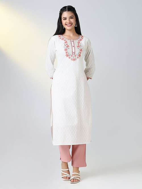 women white embroidered round neck straight kurta - 21721701 - Very Small Image - 1