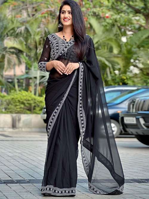 women black solid bordered saree with blouse - 21722055 - Very Small Image - 1