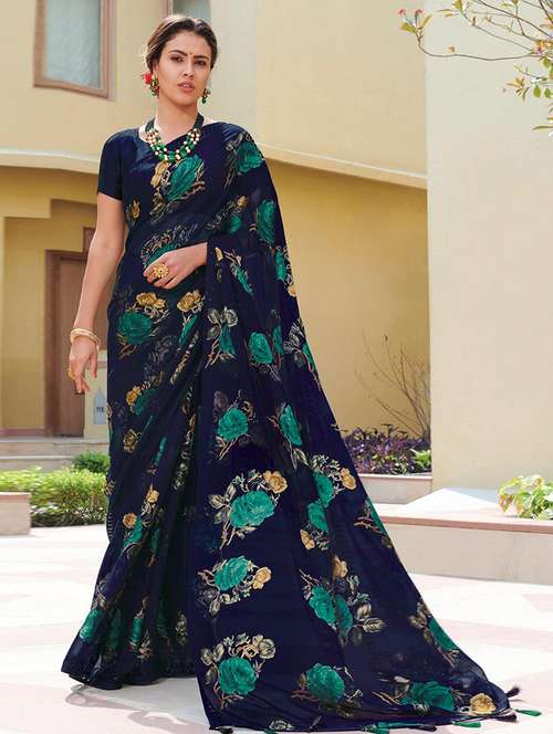 women blue floral prited saree with blouse - 21722337 - Very Small Image - 1