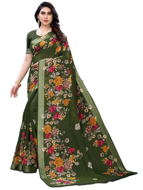 women olive floral printed saree with blouse - 21722489 - Very Small Image - 1