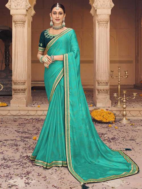 women sea green printed lace work saree with blouse - 21722782 - Very Small Image - 1