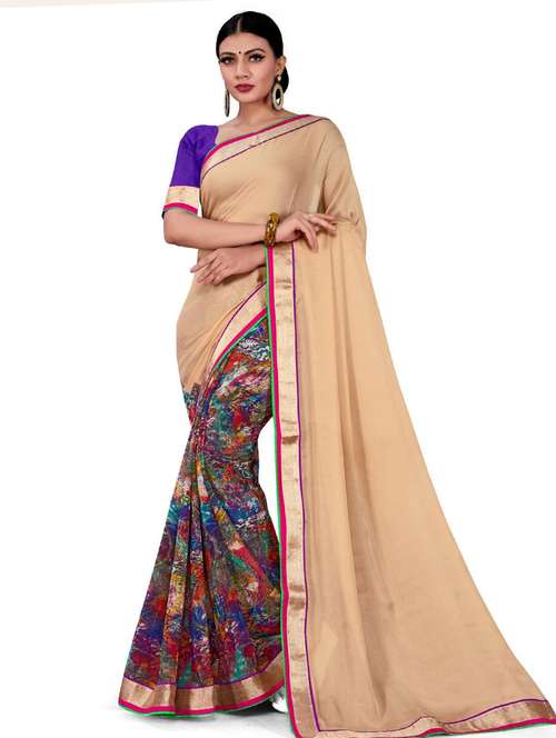 women beige printed half & half saree with blouse - 21723104 - Very Small Image - 1