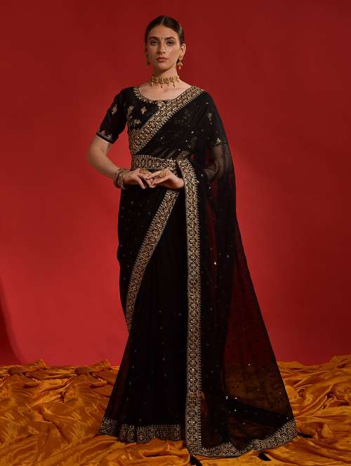 women black sequin work embroidered saree with blouse - 21723206 - Very Small Image - 1