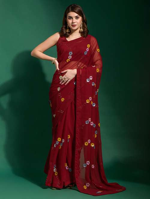 women maroon embellished saree with blouse - 21723210 - Very Small Image - 1