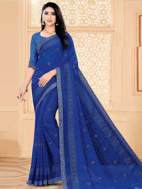 women blue printed embellished saree with blouse - 21723300 - Very Small Image - 1