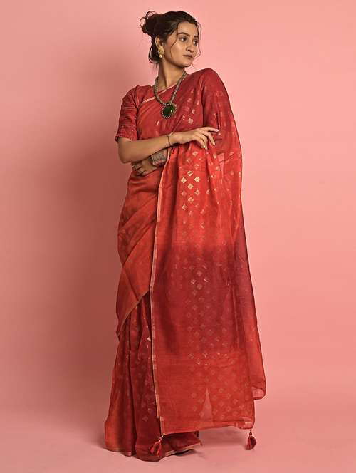women rust self design handloom saree with blouse - 21723338 - Very Small Image - 1