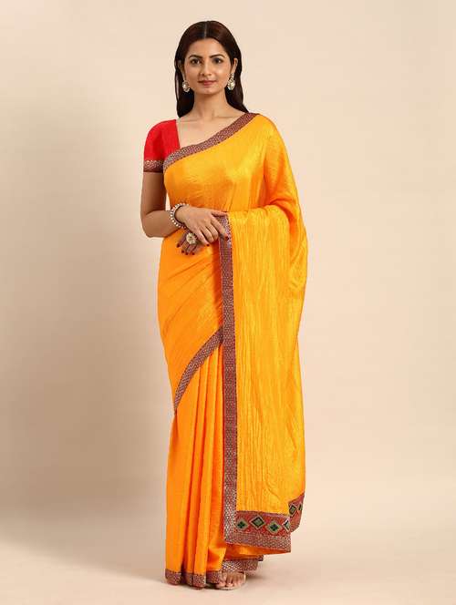 women yellow solid lace work saree with blouse - 21723479 - Very Small Image - 1