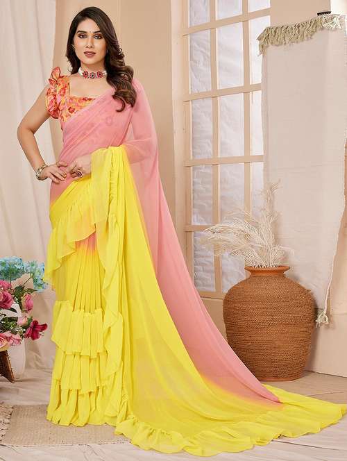 women yellow ombre ruffle saree with blouse - 21723636 - Very Small Image - 1