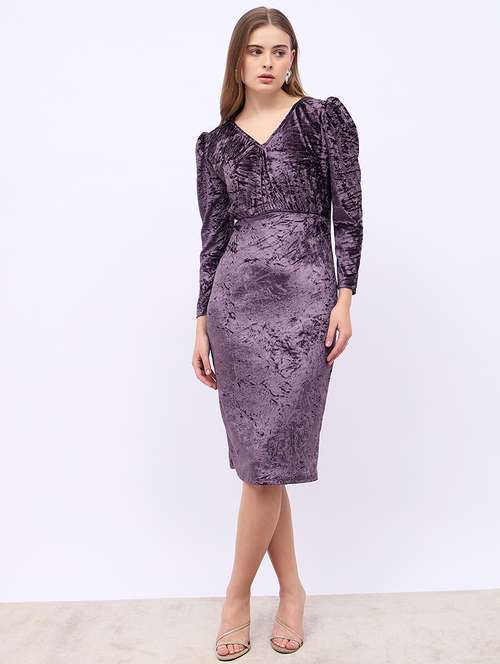 women solid puff sleeves bodycon dress - 21725302 - Very Small Image - 1