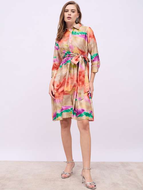 women printed collared wrap detailed a-line dress - 21725312 - Very Small Image - 1