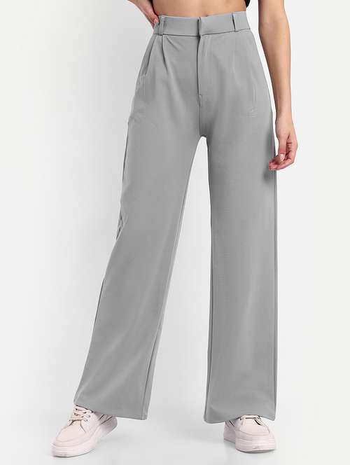 women grey solid high rise pleated trouser - 21726691 - Very Small Image - 1