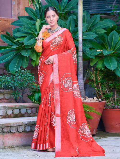 women red floral printed saree with blouse - 21728357 - Very Small Image - 1