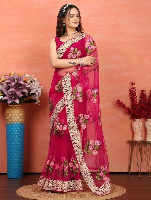 women pink embroidered saree with blouse - 21728407 - Very Small Image - 1