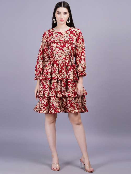 women printed puff sleeves layered dress - 21730878 - Very Small Image - 1