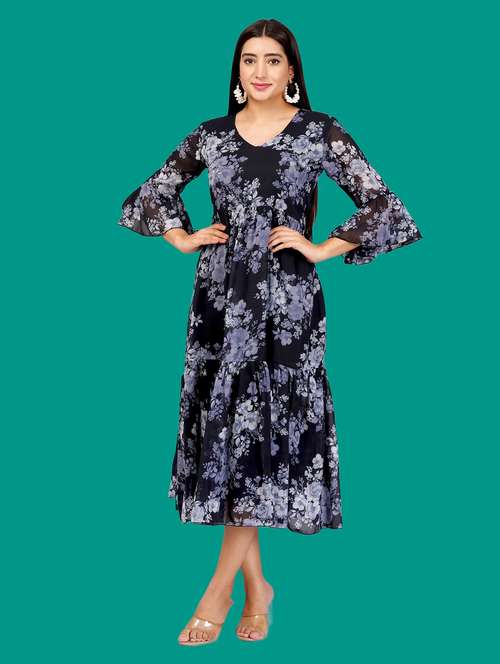 women printed flute sleeves tiered dress - 21730912 - Very Small Image - 1
