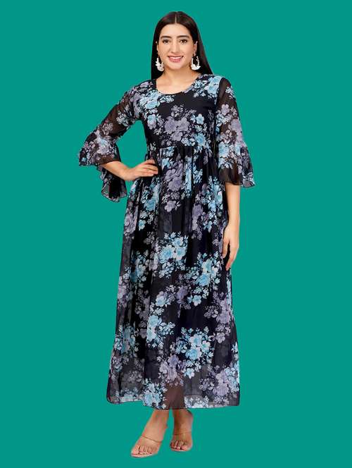 women printed flute sleeves fit & flare dress - 21730914 - Very Small Image - 1
