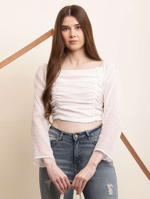 women solid long sleeves ruched crop top - 21731109 - Very Small Image - 1