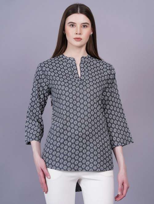 women mandarin neck printed high-low top - 21731167 - Very Small Image - 1