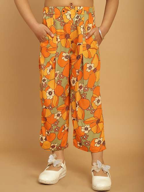 girls yellow floral printed casual trouser - 21732106 - Very Small Image - 1