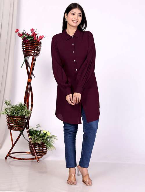 women burgundy solid long sleeve relaxed fit shirt - 21733591 - Very Small Image - 1