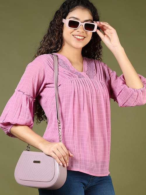 women lavender solid puff sleeve a-line top - 21744149 - Very Small Image - 1