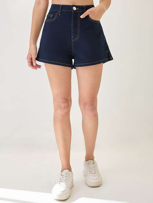 globus women dark blue slim fit mid-rise denim shorts - 21767520 - Very Small Image - 1