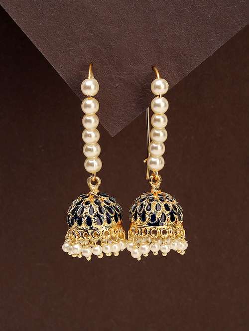 gold & navy blue jhumka earring - 21775336 - Very Small Image - 1