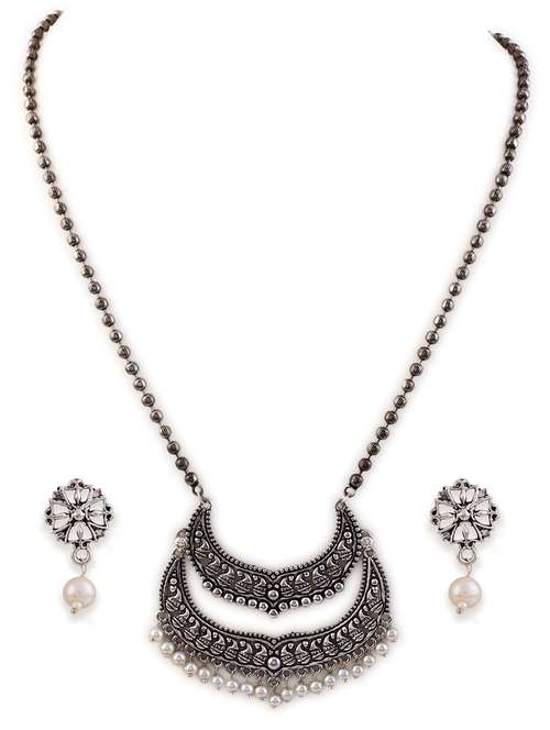 alloy silver necklace earring jewellery set - 21775519 - Very Small Image - 1