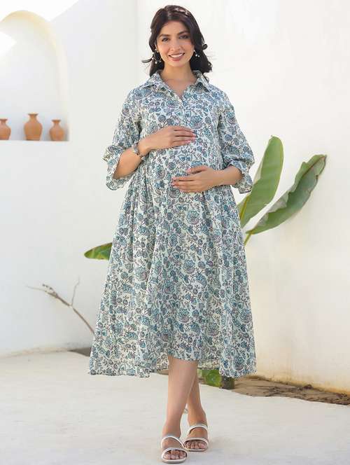 women off white floral three quarter sleeve maternity wear - 21839892 - Very Small Image - 1