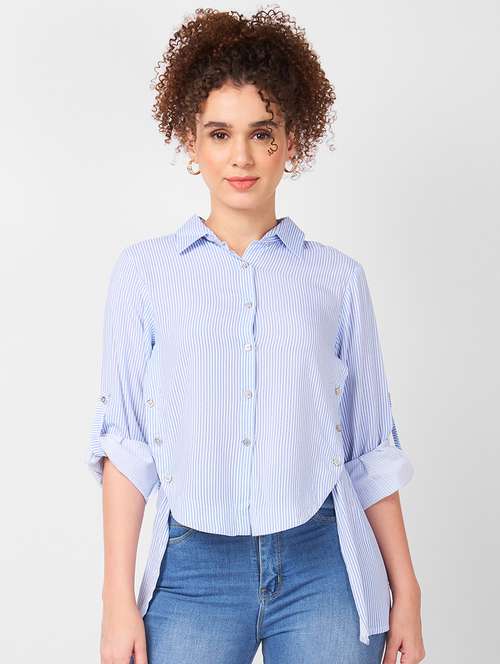 women striped roll-up sleeves high low shirt - 21840183 - Very Small Image - 1