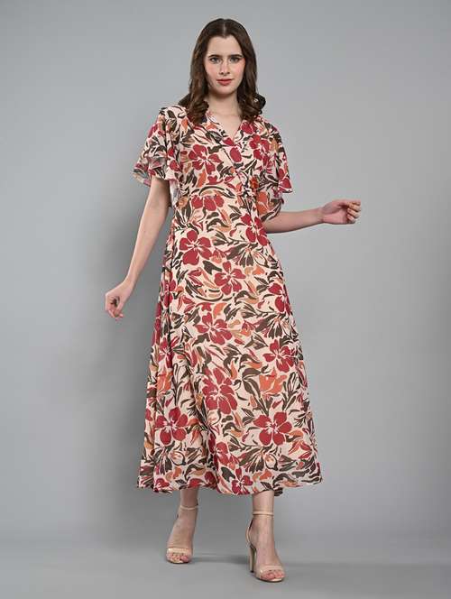 women floral print overlap neck fit & flare dress - 21840323 - Very Small Image - 1