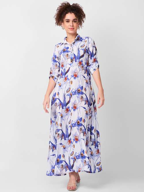 women floral print roll up sleeves fit & flare dress - 21840415 - Very Small Image - 1