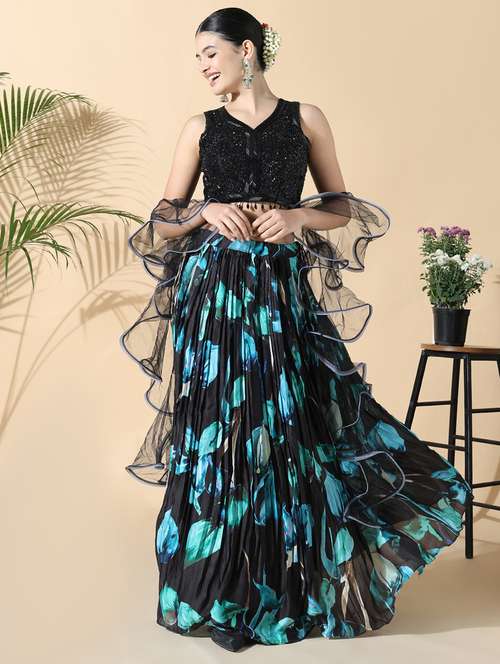 women black printed stitched lehenga choli with dupatta set - 21840559 - Very Small Image - 1