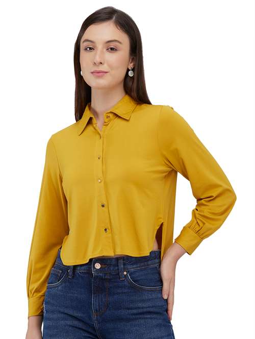 women mustard solid collared high low shirt - 21840667 - Very Small Image - 1