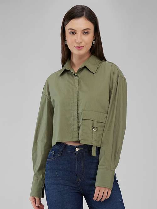 women olive solid long sleeve crop shirt - 21840677 - Very Small Image - 1