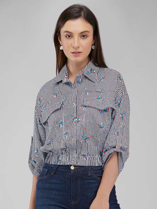 women striped collared crop shirt - 21840682 - Very Small Image - 1