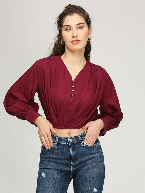 women solid long sleeves crop top - 21840772 - Very Small Image - 1