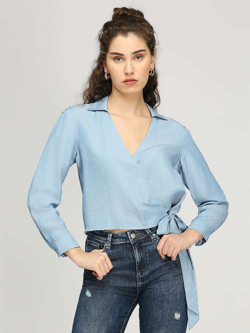 women solid long sleeves wrap top - 21840774 - Very Small Image - 1