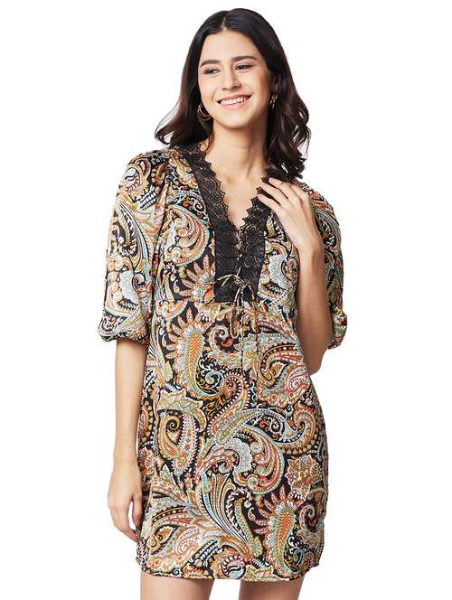 women printed lace detailed puff sleeves shift dress - 21840910 - Very Small Image - 1
