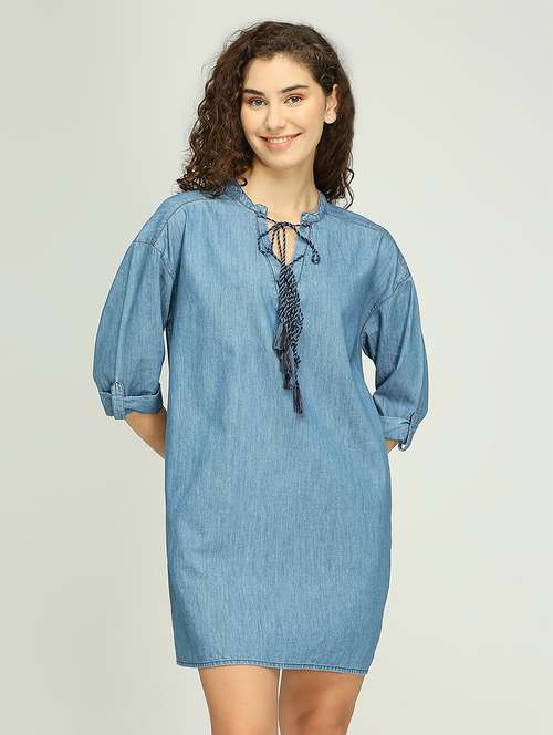 women solid roll up sleeves denim shift dress - 21840918 - Very Small Image - 1