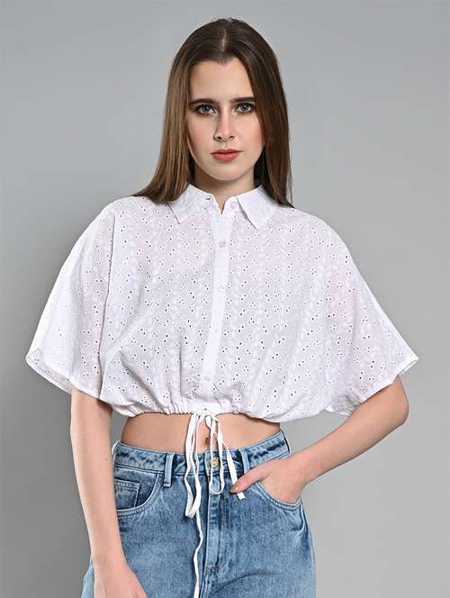 women solid collared crop schiffli shirt - 21840945 - Very Small Image - 1