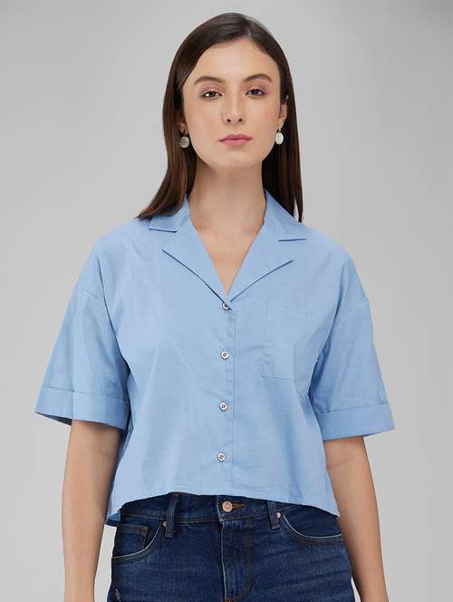 women light blue solid short sleeve regualr fit shirt - 21840955 - Very Small Image - 1